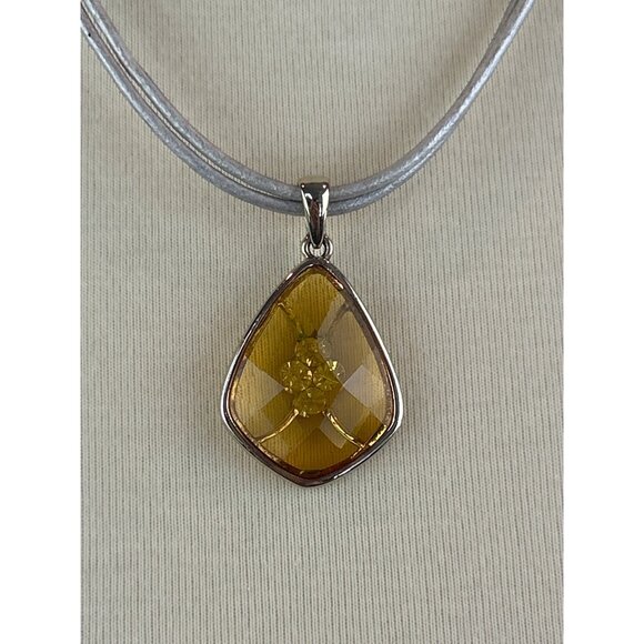 Yellow Glass Pendant Necklace With Silver Tone Trim Adjustable Cord - Picture 2 of 8